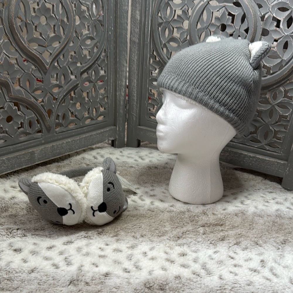NWT! Unisex kids winter set fox ear muffs beanie hat faux fur preschool winter